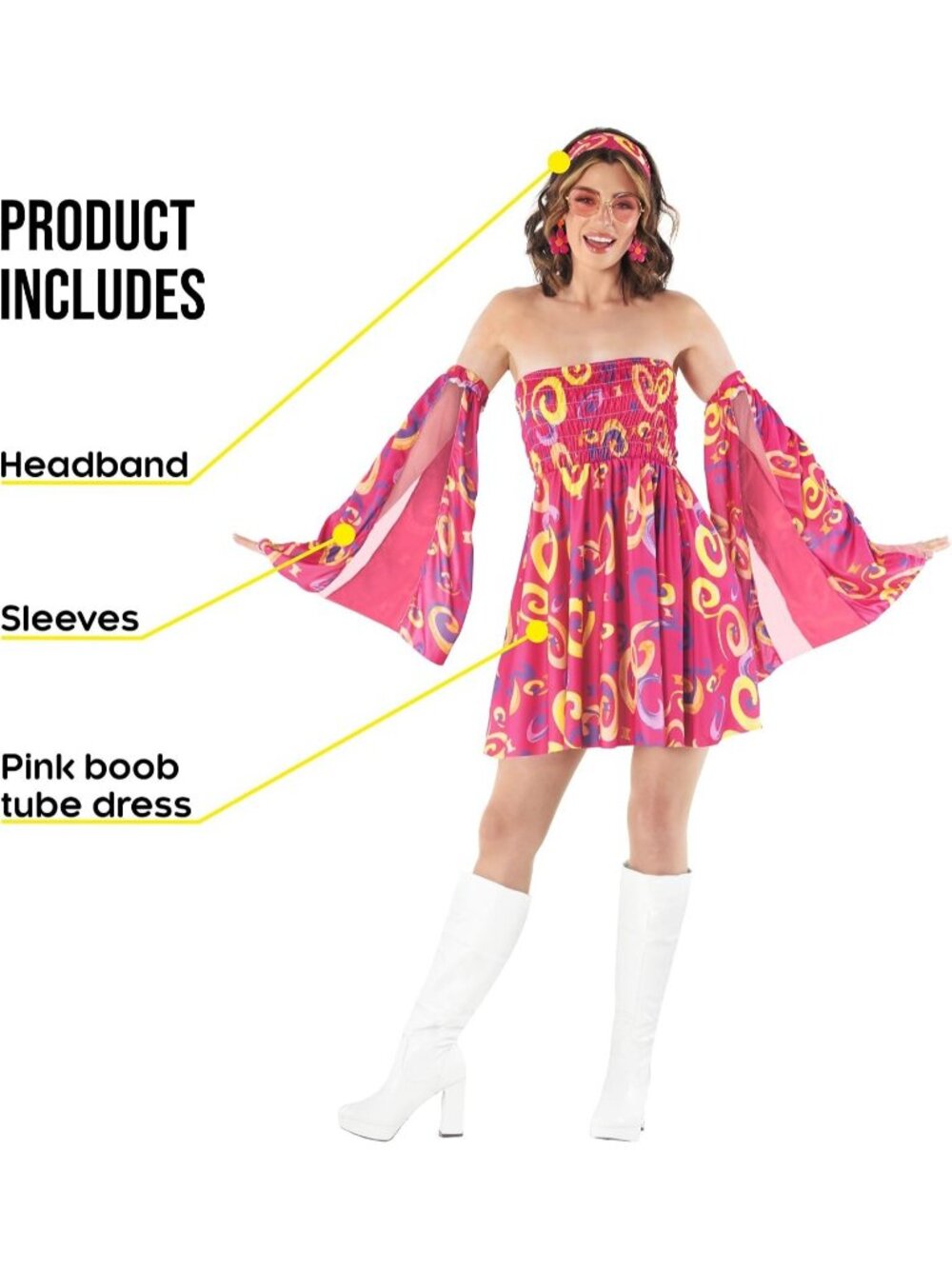 Women's Pink 70s Dress Halloween Costume with Detachable Arm Sleeve Stylish Mini - Picture 2 of 6